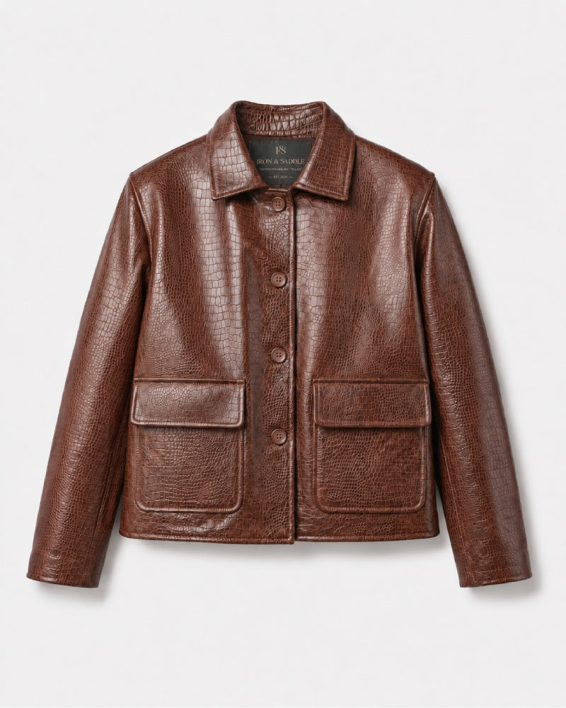 NiloCrocEmbossedBrownCroppedLeatherJacket