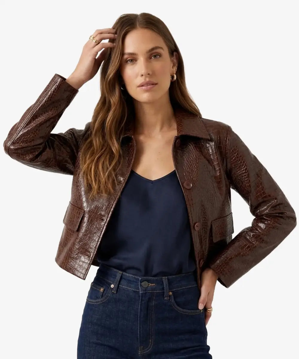 NiloCrocEmbossedBrownLeatherJacket