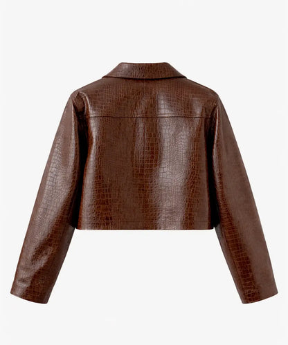 NiloCrocEmbossedCroppedBrownLeatherJacket