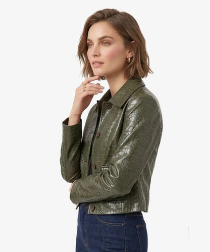 NiloCrocEmbossedGreenLeatherCropJacket