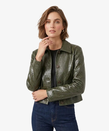 NiloCrocEmbossedGreenLeatherJacket