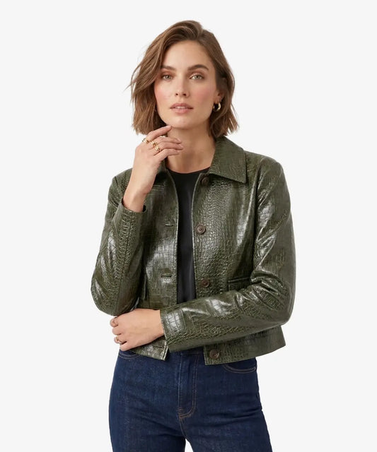 NiloCrocEmbossedGreenLeatherJacket