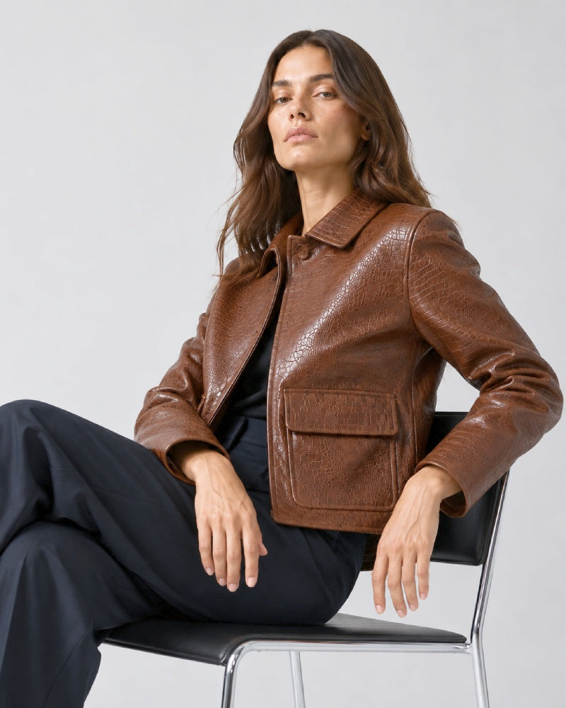 Nilo_Croc_Embossed_Brown_Faux_Cropped_Leather_Jacket
