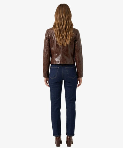 NilocrocodileEmbossedBrownLeatherCropppedJacket