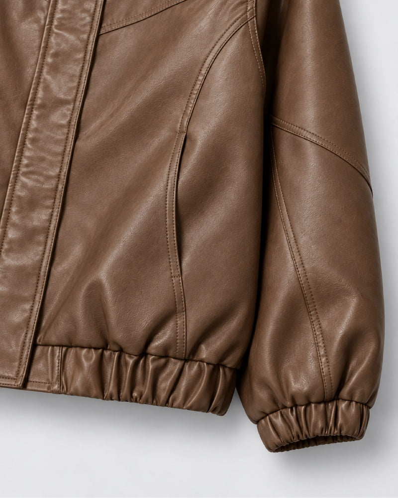 OversizedFauxBrownLeatherBomberJacket