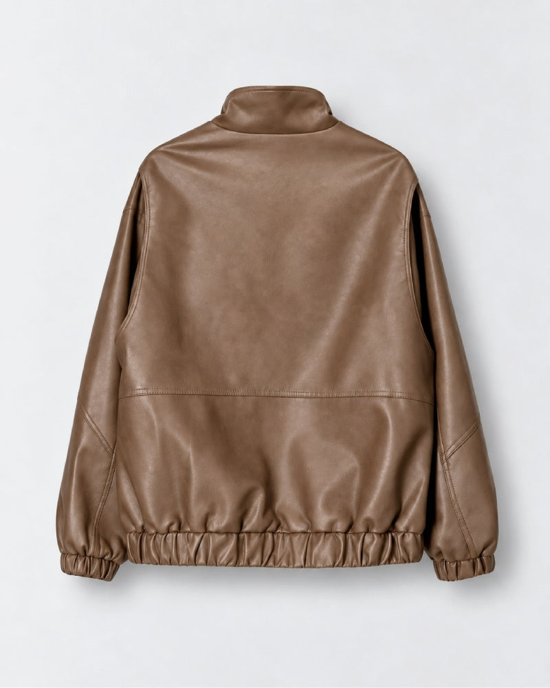 OversizedFauxLeatherBomberJacketWithHighNeck