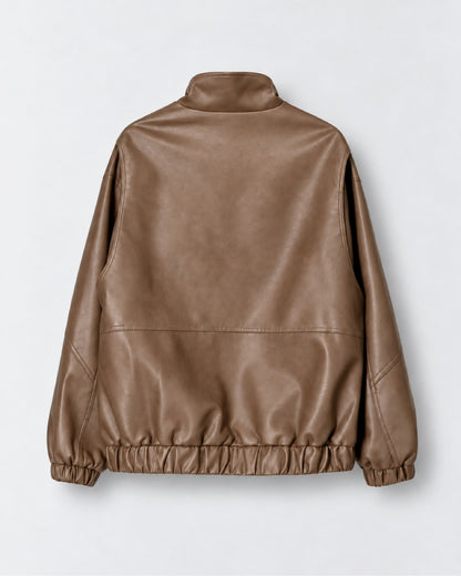 OversizedFauxLeatherBomberJacketWithHighNeck