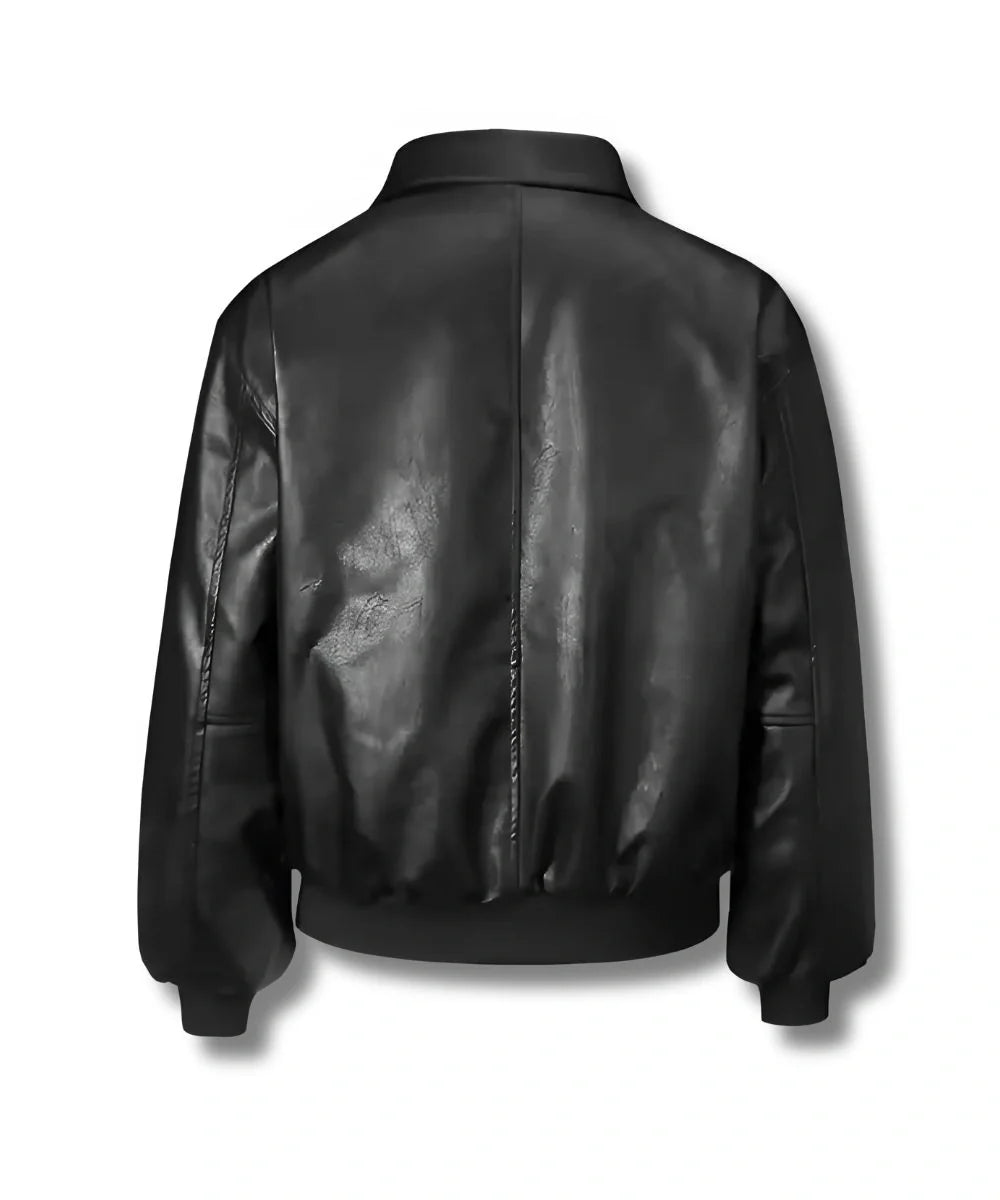 Oversized Black Leather Bomber Jacket