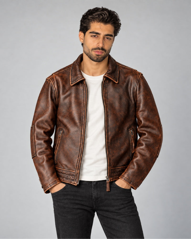 PlainBrownHandCuffsLeatherBikerJacket