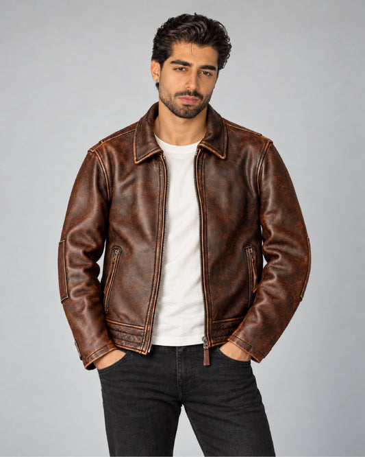 PlainBrownHandCuffsLeatherBikerJacket