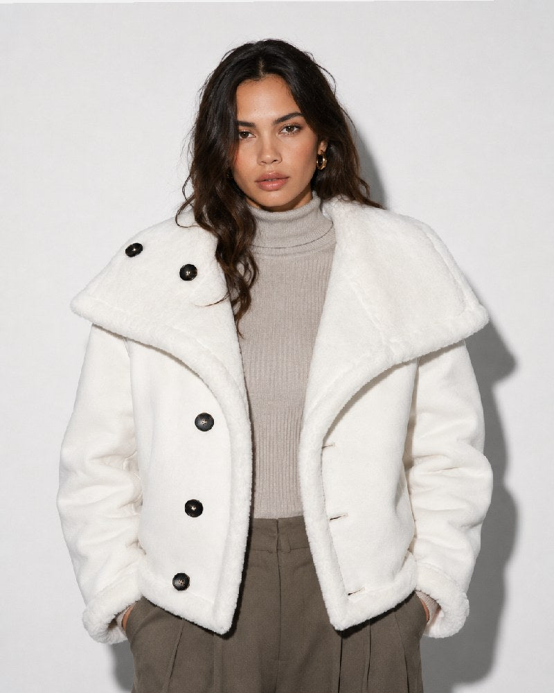 PremiumLuxuryIvoryDouble-FacedFauxWinterShearlingReversibleCoatJacket