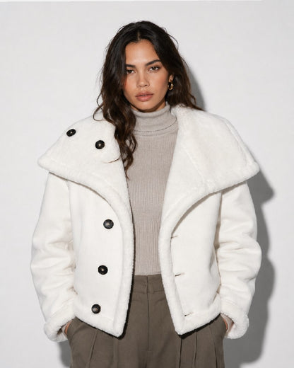 PremiumLuxuryIvoryDouble-FacedFauxWinterShearlingReversibleCoatJacket