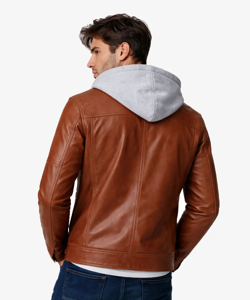 RemovableHoodBrownLeatherBikerBomberJacketWithGreyHood