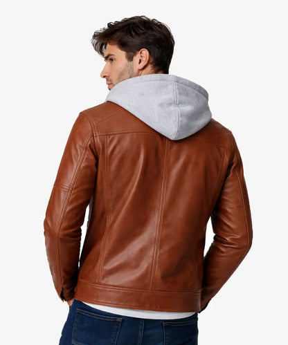 RemovableHoodBrownLeatherBikerBomberJacketWithGreyHood