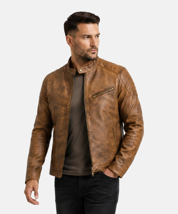RoadsterDistressedTanCafeRacerLeatherJacket