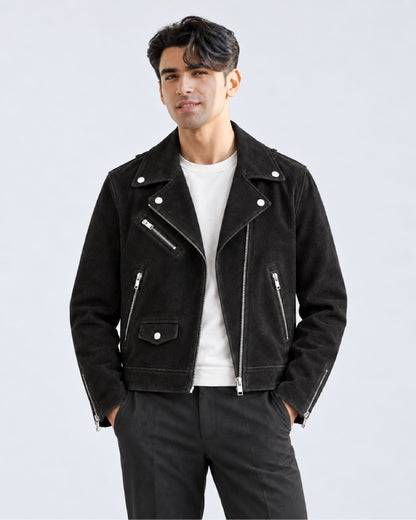 Mens Suede Black Biker Leather Jacket