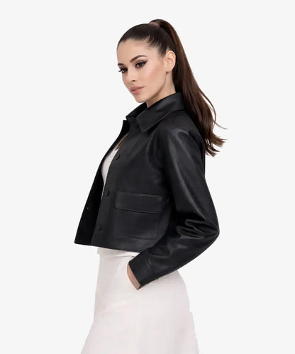 SabinaBlackCroppedLeatherJacketForSale