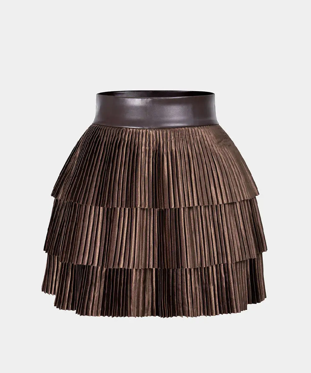 SatinFinishPleatedLayeredBrownSkirt