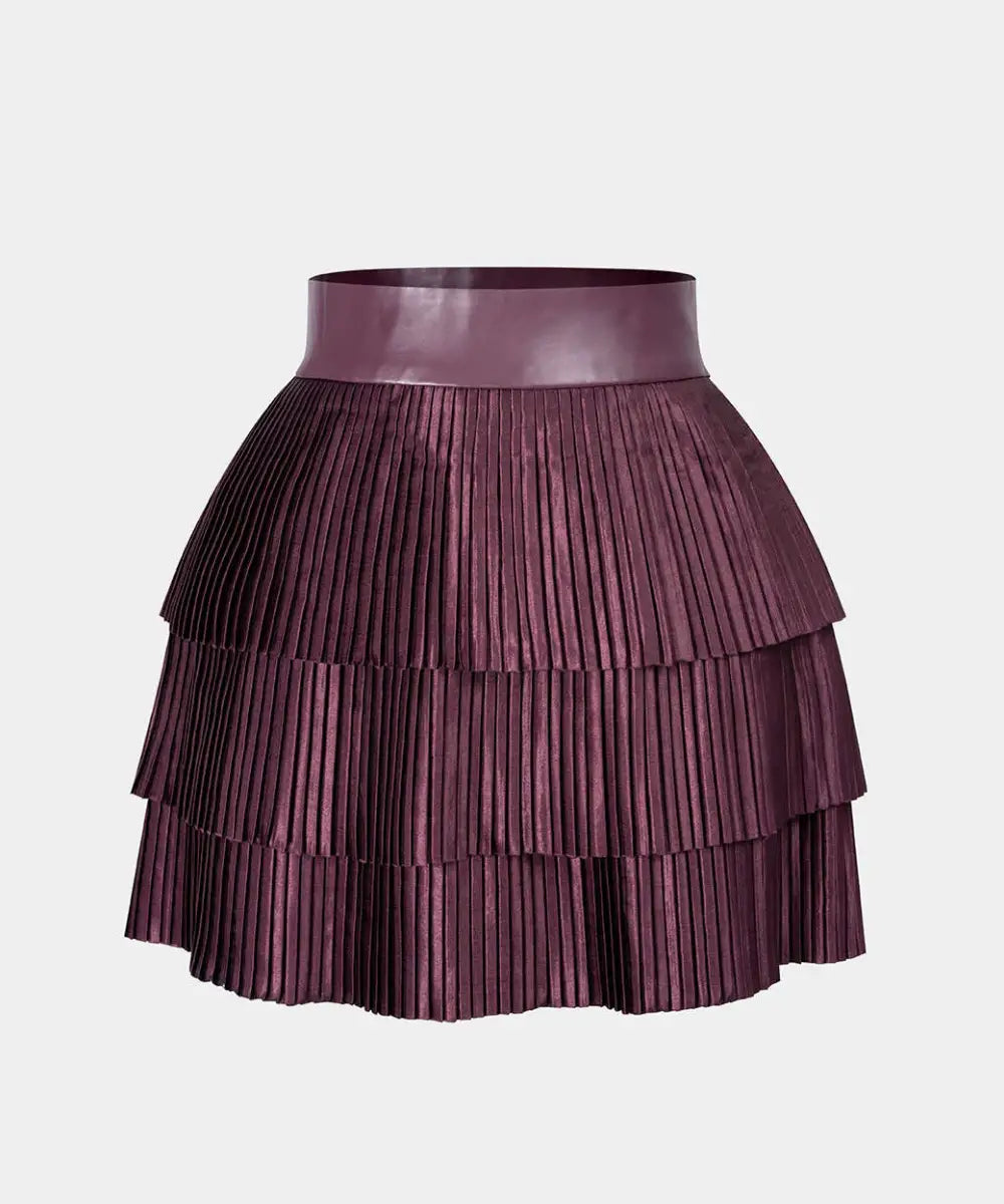 SatinFinishPleatedLayeredSkirtBurgundy