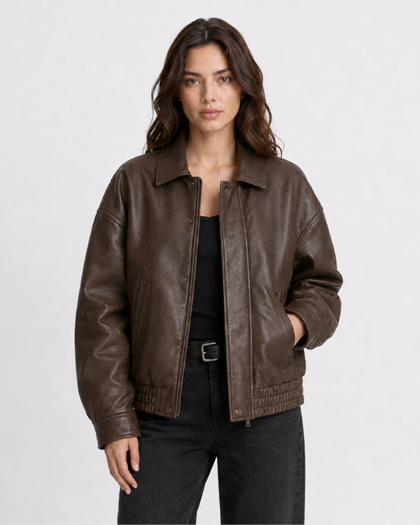 Selena Oversized Brown Leather Jacket