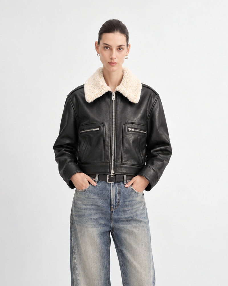 Shearling-Trimmed Leather Jacket