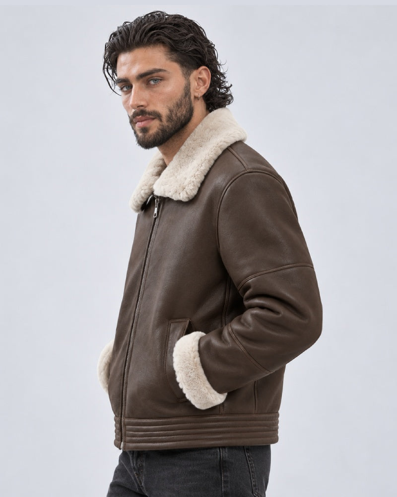 Shearling-linedBrownLeatherBomberJacketForMen