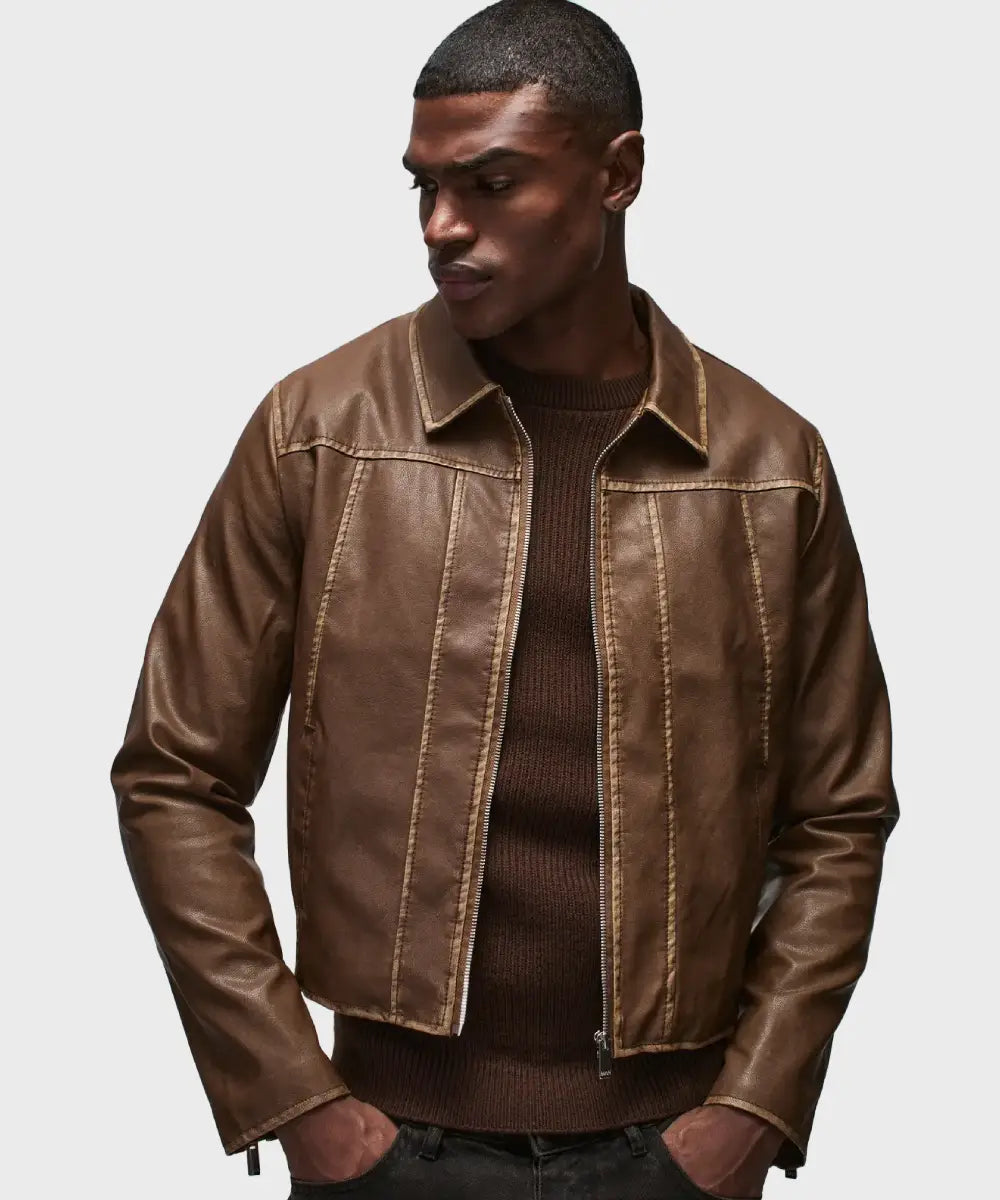 ShopMenBoxyWashedSeamBrownPULeatherHarringtonJacket