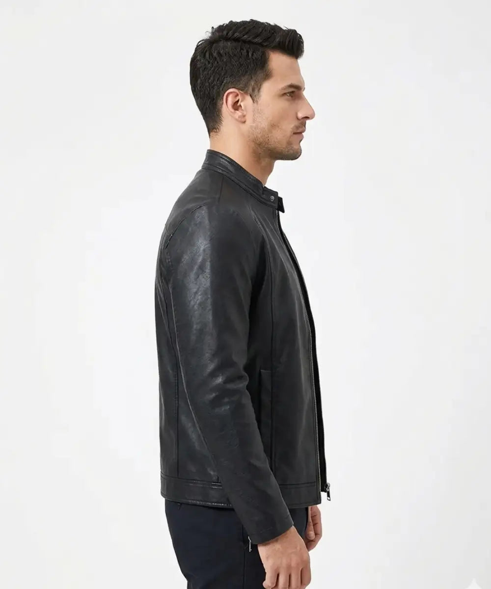 Mens Plain Black Leather Bomber Jacket