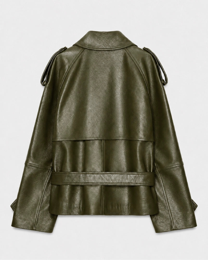 ShortGreenFauxLeatherTrenchCoat