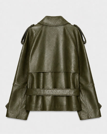 ShortGreenFauxLeatherTrenchCoat