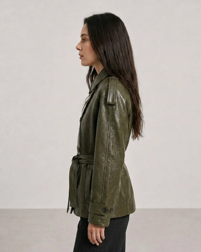 ShortGreenLeatherTrenchCoat