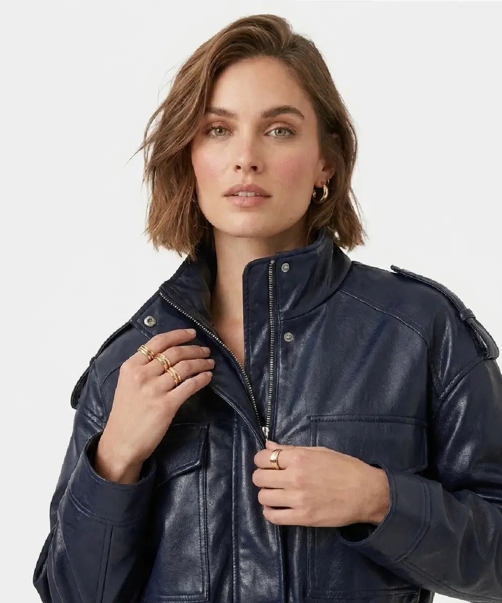ShortLeatherEffectwomenJacketBlue