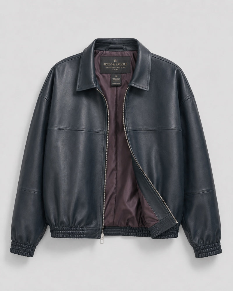 SignatureMidnightBlueLeatherBlousonBomberJacketForSale