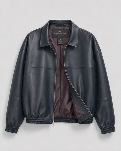 SignatureMidnightBlueLeatherBlousonBomberJacketForSale
