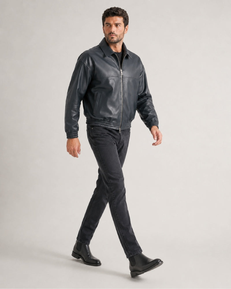 SignatureMidnightBlueLeatherZipperBlousonBomberJacket