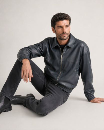 SignatureMidnightBlueLeatherZipperBlousonJacket