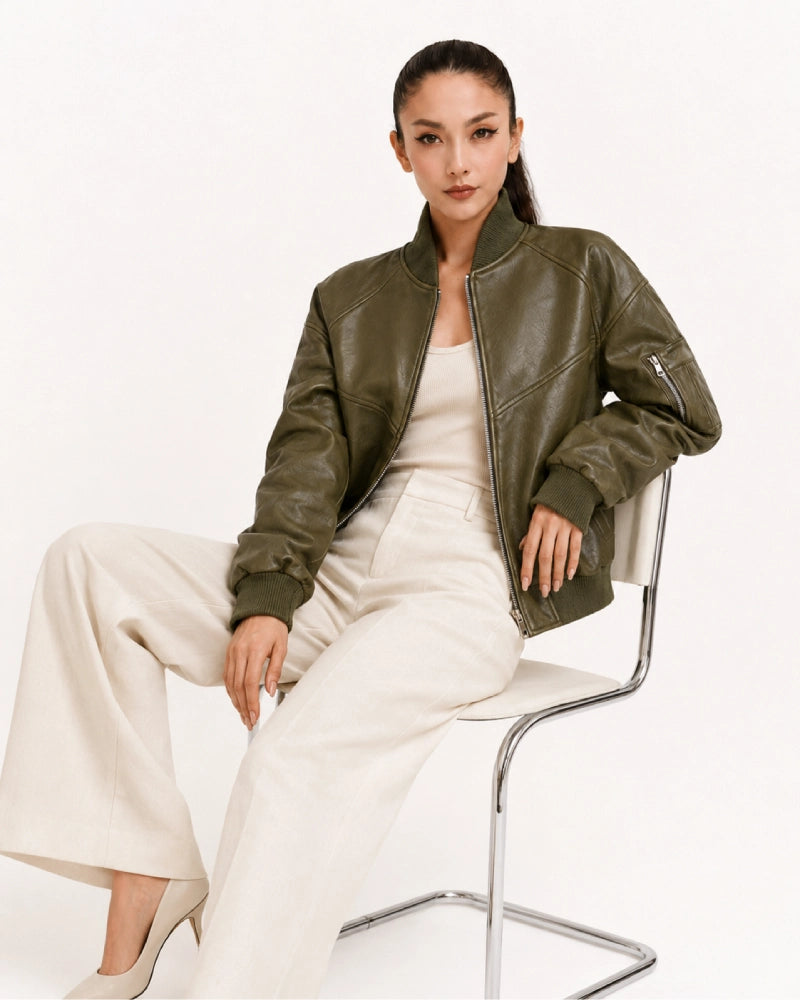 SleevePocketTwillFauxGreenLeatherBomberJacket