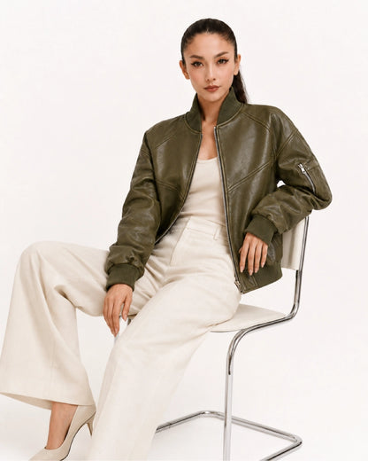 SleevePocketTwillFauxGreenLeatherBomberJacket