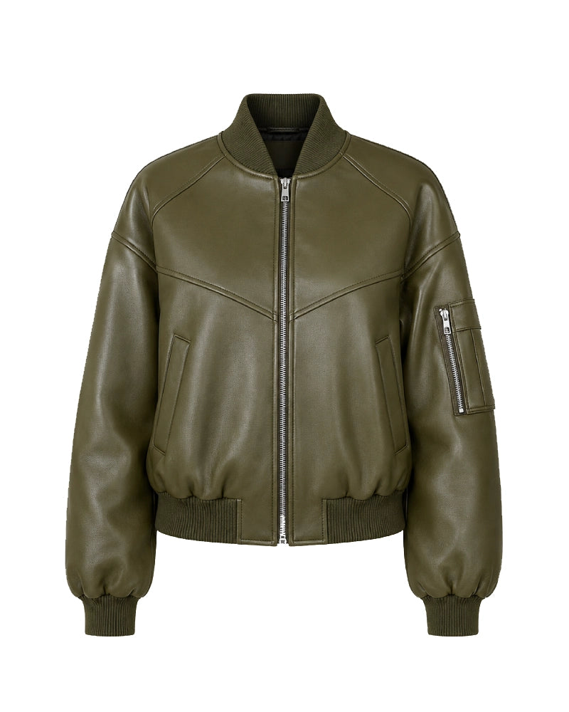 SleevePocketTwillGreenFauxLeatherBomberJacket