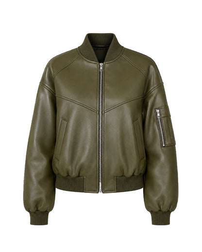 SleevePocketTwillGreenFauxLeatherBomberJacket