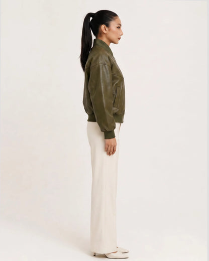 SleevePocketTwillGreenLeatherBomberJacket