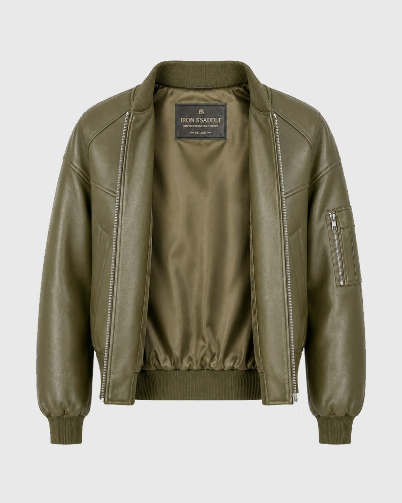 SleevePocketTwillGreenLeatherBomberJacketWomen