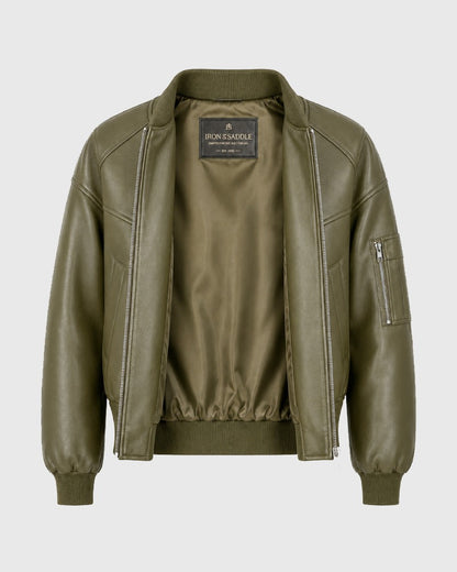 SleevePocketTwillGreenLeatherBomberJacketWomen
