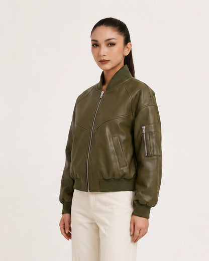 SleevePocketTwillGreenLeatherFauxBomberJacket