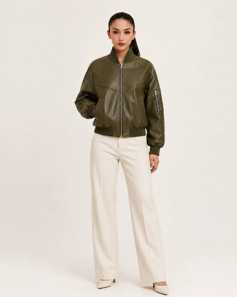 SleevePocketTwillLeatherBomberJacket