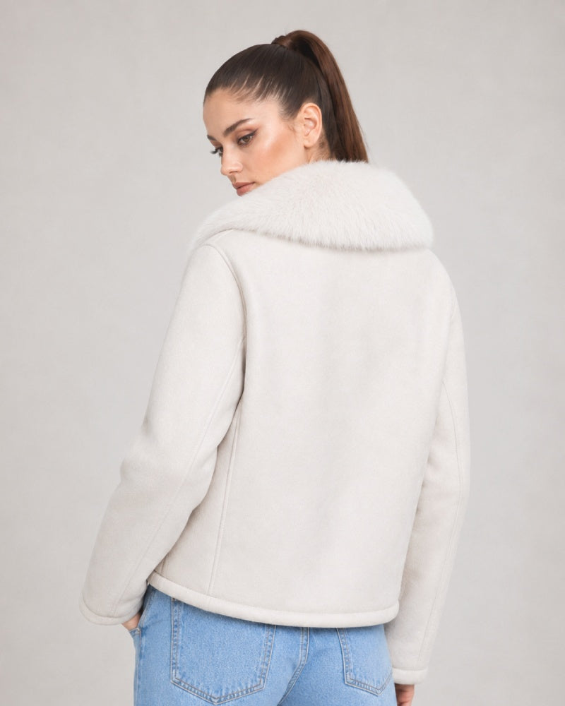 Snowfall White Fur Suede Leather Jacket