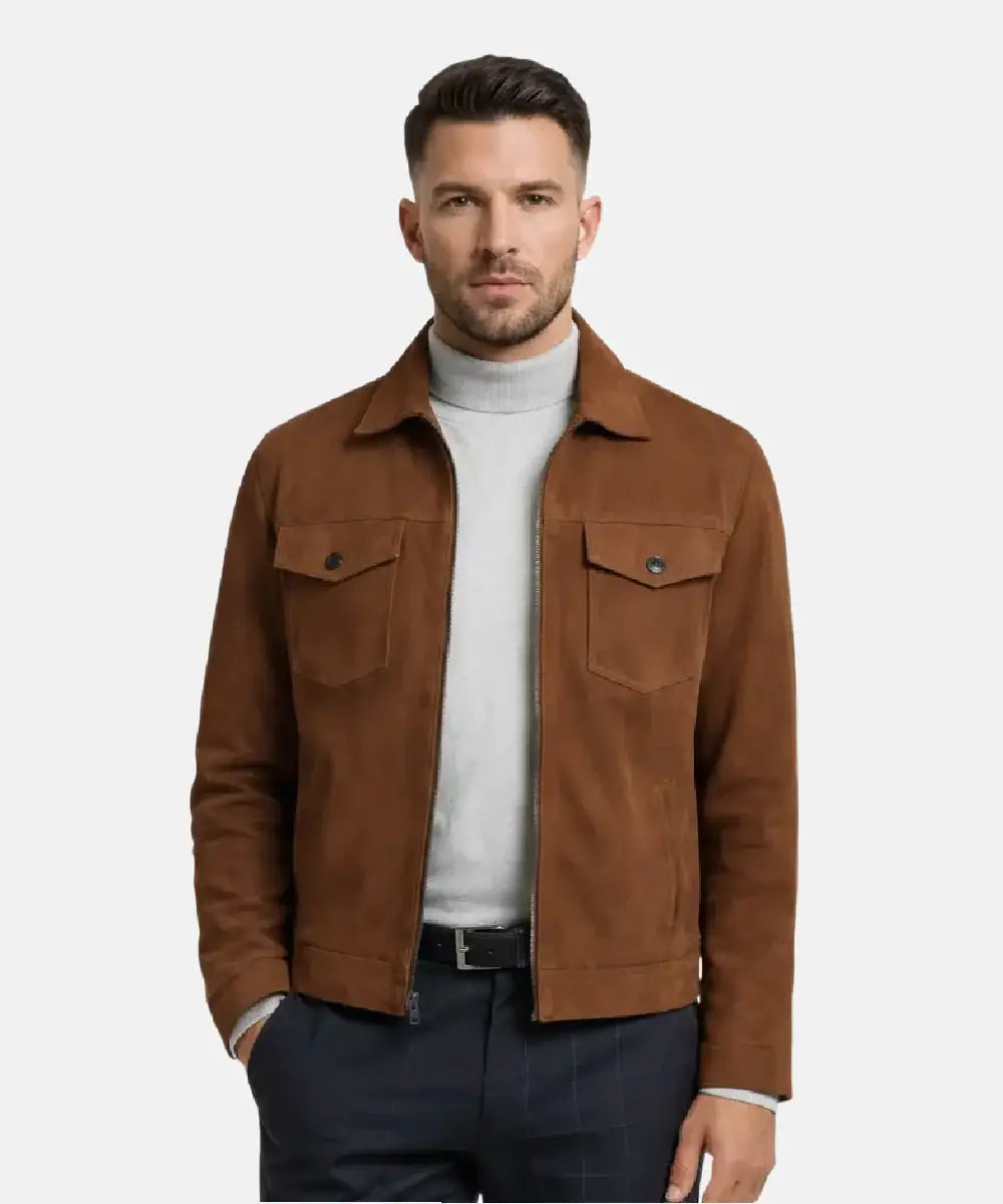 Suede_Tan_Leather_Zip_Through_Trucker_Jacket_Mens