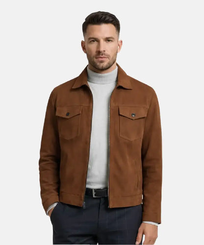 Suede_Tan_Leather_Zip_Through_Trucker_Jacket_Mens