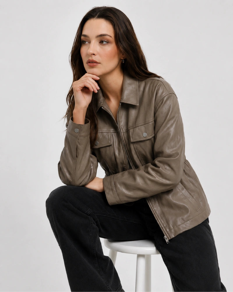 TaupeBrownFauxLeatherJacketWithElasticatedWaist