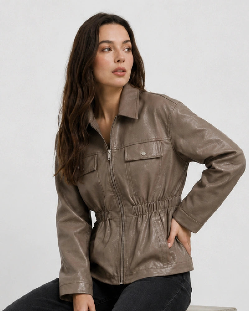 TaupeBrownLeatherJacketWithElasticatedWaist